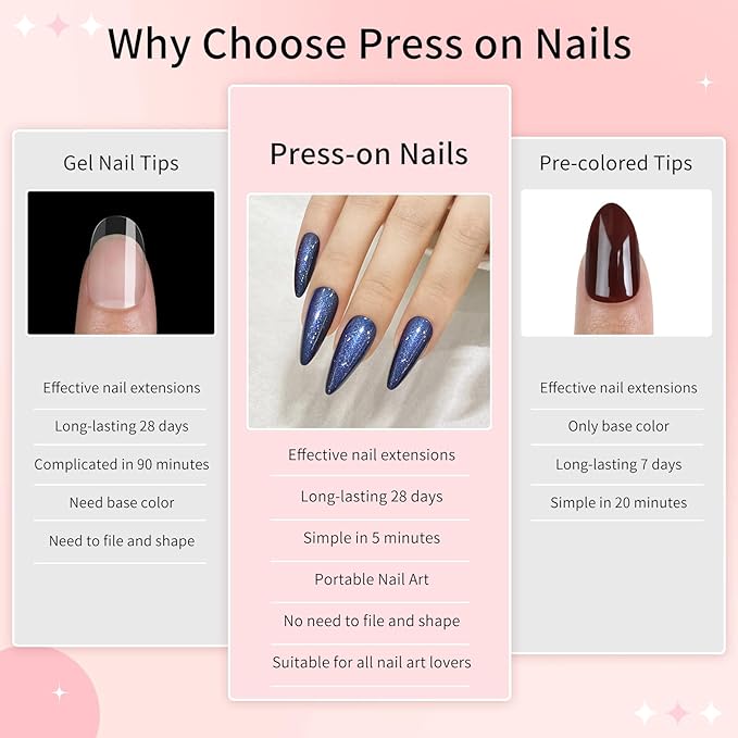 Sea Blue Almond Cat Eyes Press On Nails,12 Sizes - 24 Pcs Soft Gel Blue Medium Fake Nails Kit with Nail Glue, Natural Reusable Stick On False Nails for Women and Girls SK1007