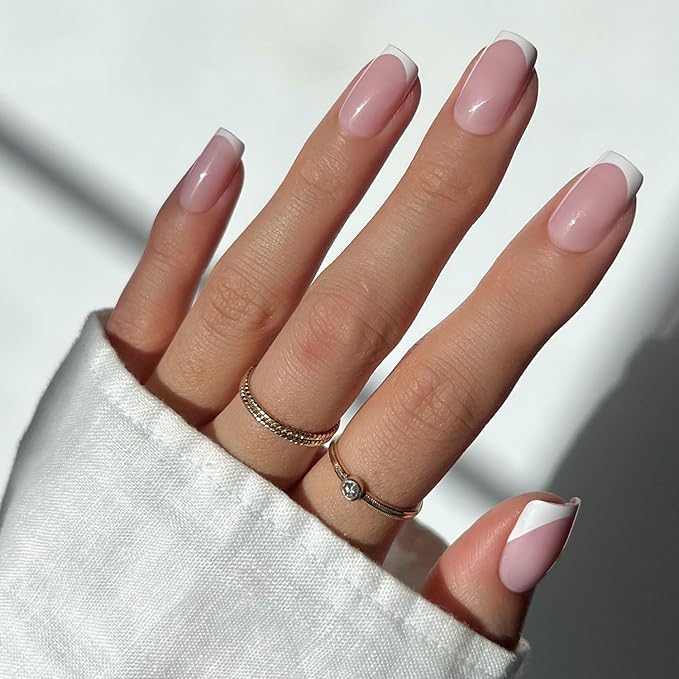 Glamnetic Press On Nails - Classy French | Medium Square Fake Nails, Trendy Micro French Tip, Salon Quality | 15 Sizes - 30 Nail Kit