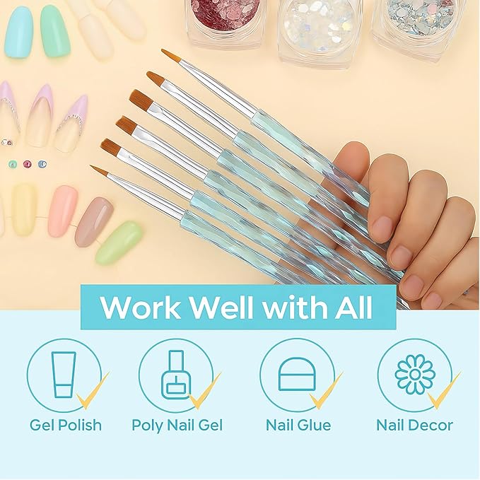9pcs Crystal Nail Art Brush Set – Acrylic Gel Brushes for Nail Design, Liner & Flat Tips, Iridescent Handle, Professional Manicure Tool Kit for DIY or Salon Use