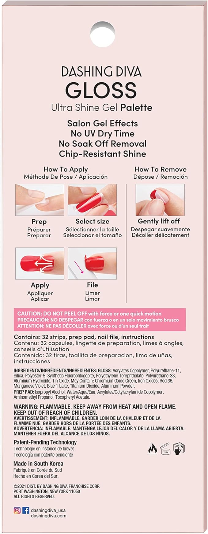 Dashing Diva Gloss Nail Strips - Feeling Flush | UV Free, Chip Resistant, Long Lasting Gel Stickers | 32 Wraps, 1 Prep Pad, 1 File