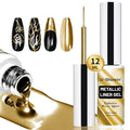 12ml Metallic Painting Gel Liner Nail Art 3D Mirror Chrome Effect Nail Polish Metal Painted Drawing Build in Thin Brush Soak Off UV/LED Gold Striper Gel for Salon Home DIY Manicure