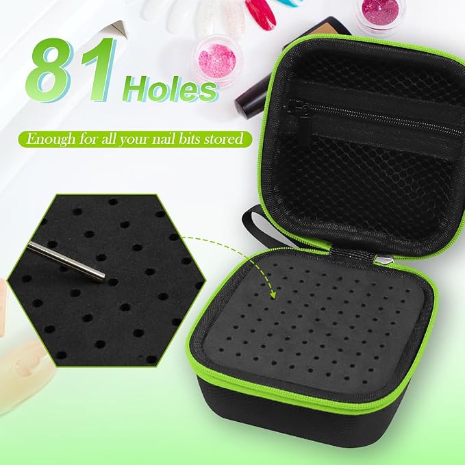 81 Holes Nail Drill Bit Holder, Nail Bits Display Organizer Container, Waterproof Portable Organizer Bag, Efile Nail Bits Professional Nail File Bits Manicure Tools, (Green) (ONLY CASE)
