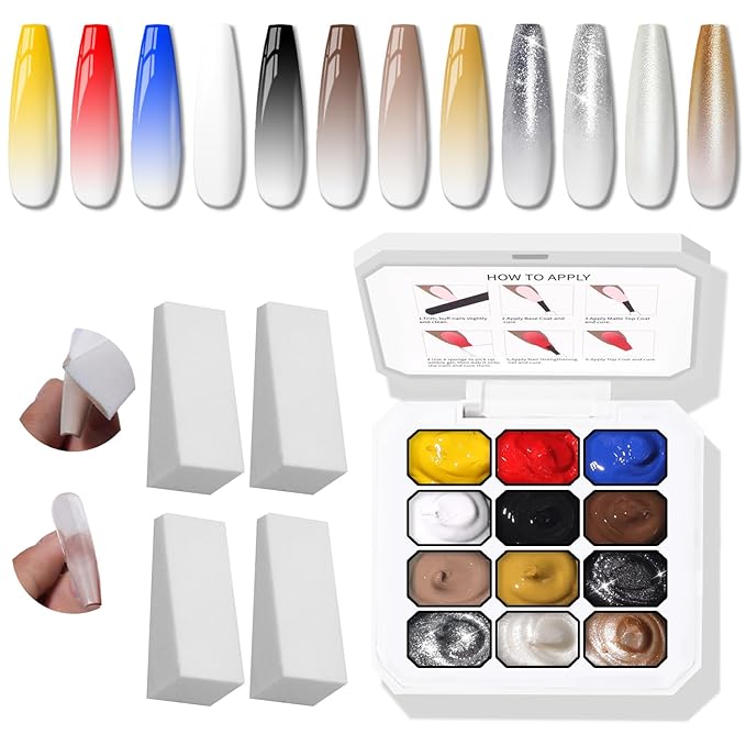 Metallic Gel Polish Set, Glitter Golid Silver Brown Blue Red, 12 Colors Ombre Patting Gel Nail Polish Palette,4 Sponges, Painting Art No Wipe UV/LED Cured (Palette F)