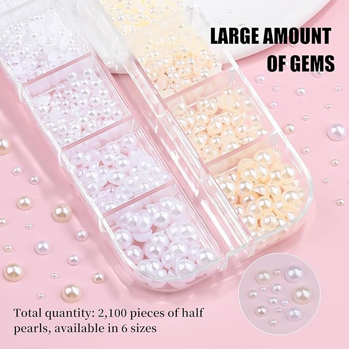 2100Pcs Flatback Nail Pearls Gems, 1.5-5mm White Beige Beads Half Round Nail Charms Beads with Pickup Pencil and Tweezers for Crafting Face Hair Manicure (11-K1-half-pearls-beige-white)