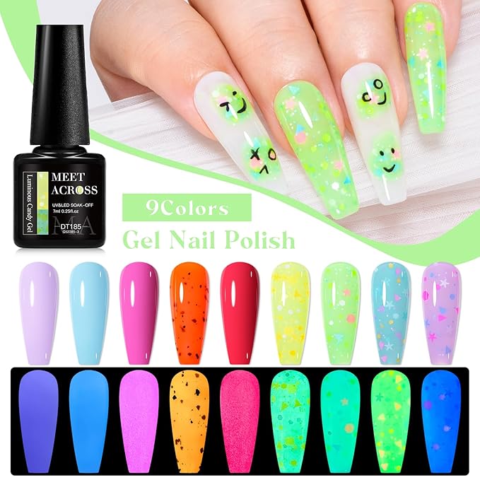 MEET ACROSS 9 Colors Gel Nail Polish + 3PCS Function Gel Nail Polish Kit,Fashion Nail Art Set Design Gifts for Women Manicure Salon (SET16, 12pcs)
