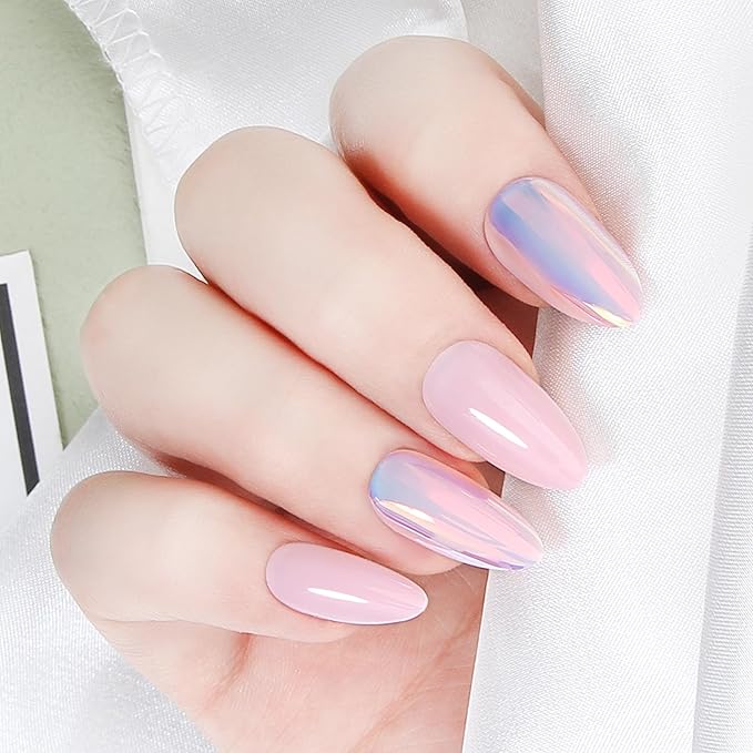 Acrylic Press On Nails Almond - Iridescent Pink Glow False Nails Elegant Durable Salon Quality for Work or Date, 24 Nails in 12 Sizes with Glue, Tabs, File, Prep Pad, Stick