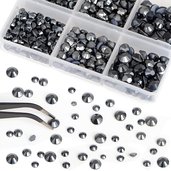 Bymitel Hotfix Crystal Rhinestones Round Gems for Crafts,Mixed 6 Sizes with Wax Pencil Kit, Jet Hematite 1.6-6.3mm SS4-SS30/8000pcs