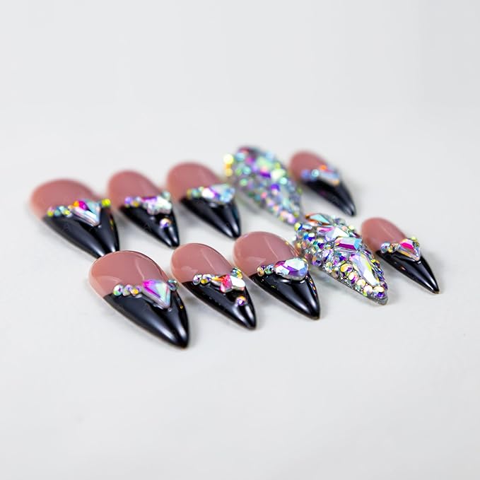 10 Pieces Handmade Long Almond Press On Nails, Black Thickened French False Nails With Rhinestone Decorate, Reusable Fake Nails Almond, Reusable Acrylic Nails (L)
