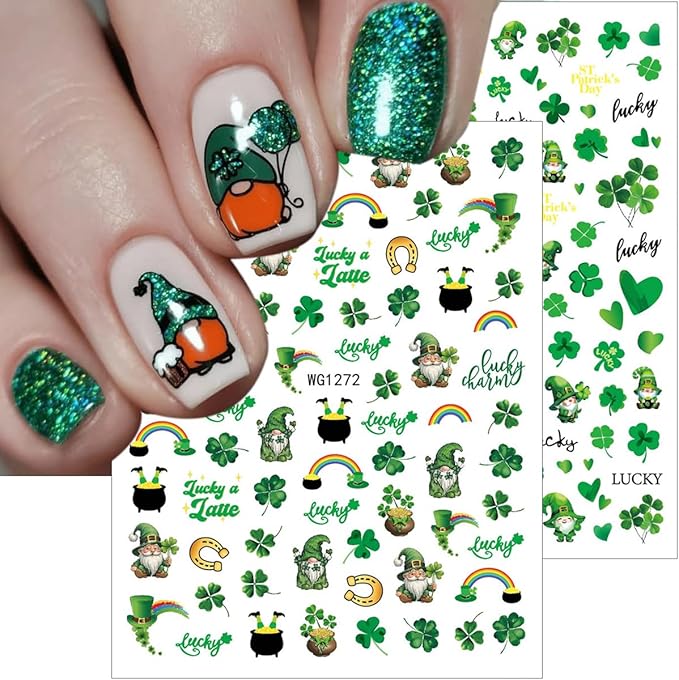 8Sheets St. Patrick's Day Nail Art Stickers Decals 3D Self Adhesive Spring Nail Decals Green Shamrock Nail Stickers Lucky Rainbow Clover Gnome Design Cute Nail Decoration Supplies for Women DIY