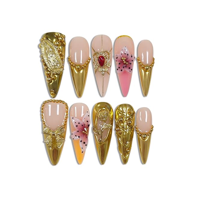 Long Stiletto Press on Nails - Gold Baroque with 3D Rose & Saint Charms | Reusable & Icy False Nails | Royal Gala Style for Grand Events(M)