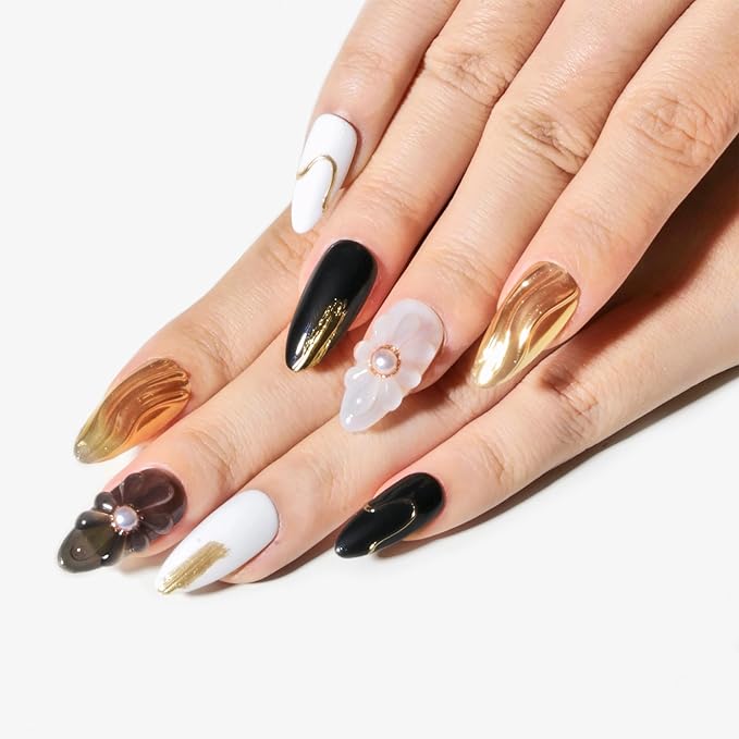Sun&Beam Nails Handmade Press-on Medium Long Almond Black White Gold 3D Mirror Pearl Design False Nail Tips 10 Pcs (#130 XS)