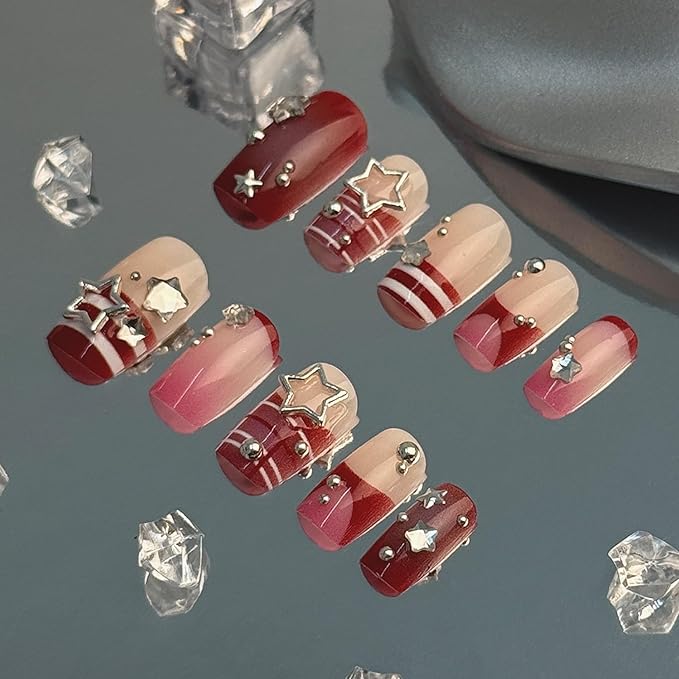 Square Press on Nails Medium Fake Nails Red Artificial Nail Seeneey y2k Designs Rhinestones Stick on Nail for Women 24pcs