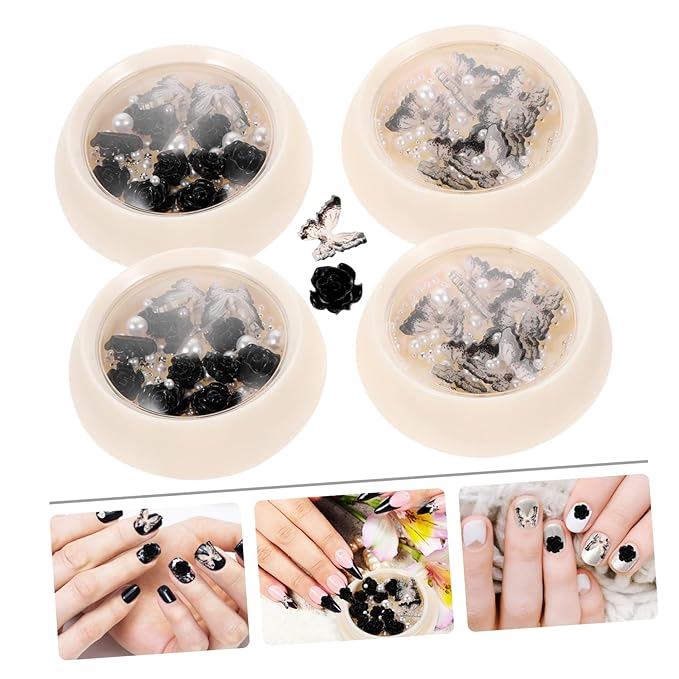 5sets Black Nail Rhinestones Pearl Rhinestones Flatback Nail Charms Art Gems Studs 4boxes * 5