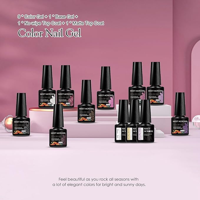 MEET ACROSS 9 Colors Gel Nail Polish + 3PCS Function Gel Nail Polish Kit,Fashion Nail Art Set Design Gifts for Women Manicure Salon (SET23, 12pcs)