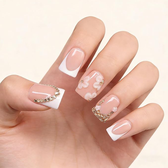 Duck Handmade Press on Nails Luxury 3D Flower & Rhinestone Fake Nails Muti-Layer Gel Acrylic Nail White French Tip False Nails with Design Full Cover Thicked Short Stick on Nail for Women (M)