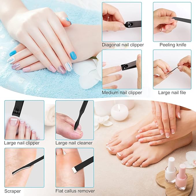 Nail Clippers Sets High Precisio Stainless Steel Nail Cutter Pedicure Kit Nail File Sharp Nail Scissors and Clipper Manicure Pedicure Kit Fingernails & Toenails with Portable cas (Blue/Gray_25in1)