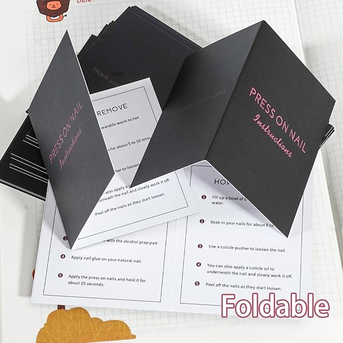 50 Pack Press on Nail Instructions Cards, Bebbtiy Press on Nail Application Guides Nail Aftercare Manicure Usage Business Supplies Card (Black-1)