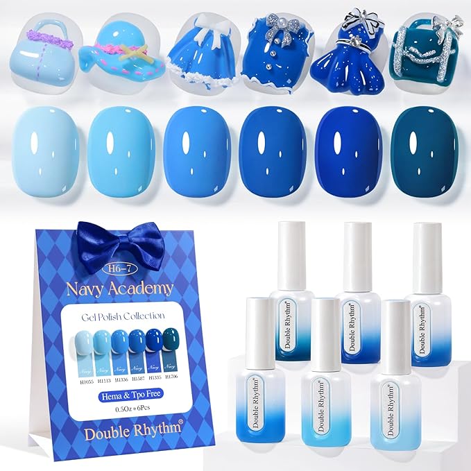 Double Rhythm 6 Pcs Hema Free Gel Polish Set 0.50 OZ Same Color Same Bottle Soak Off Neutral Natural Milky Gel Polish Kit Nail Art Manicure Salon DIY at Home (Pastel Blue Navy-H6-7)