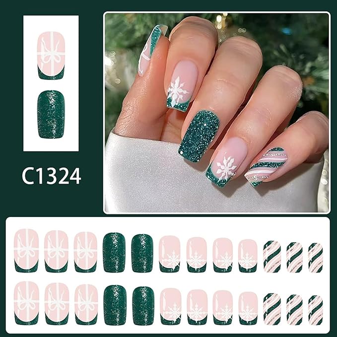 Christmas Press on Nails Medium Square Fake Nails with Bow Snowflake Designs Green French Tip Xmas False Nail Winter Acrylic Stick on Nail for Women 24 Pcs