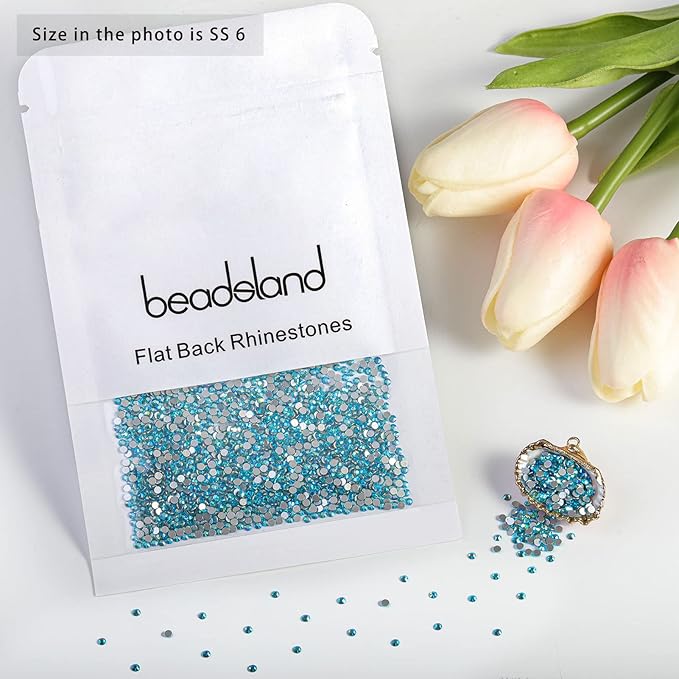 Beadsland 2880pcs Flat Back Crystal Rhinestones Round Gems for Nail Art and Craft Glue Fix,Aquamarine,SS6,1.9-2.1mm
