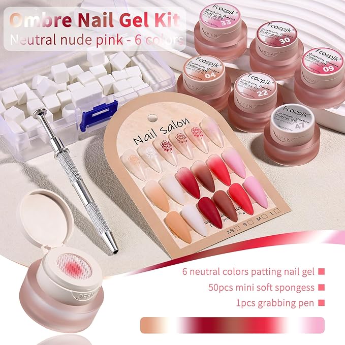 6 Colors Cushion Pat Painting Gel Nail Polish Neutral Nude Pink White Ombre Gradient Paint Gel with 50PCS Soft Nail Sponges Grabber Pen Blending Stamping Aura Design Matte No Wipe UV Cure