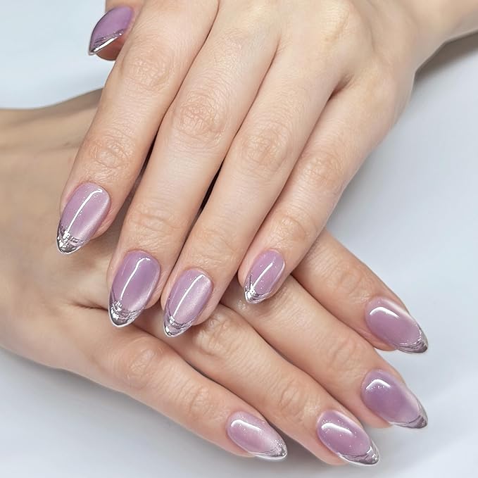 Press On Nails Short Almond Cat Eye Purple Light with Silver Glitter French Tip| Reusable Soft Gel Nails in 12 Sizes 24 Nail Kit with Glue|Designed in L.A, Handmade in Vietnam|Velvet Twilight