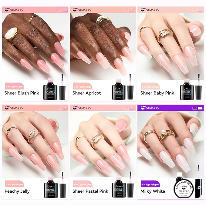 Gelike EC Peachy Jelly Nail Glue Gel - 6 in 1 Extra Strong Clear Acrylic Nails - Long Lasting Extension Adhesive UV Nude Pink Nail Glue for Clear Press On Nail Tips - UV Cure Required
