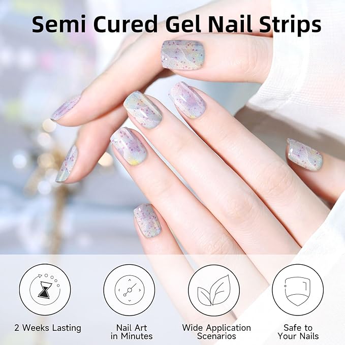 Semi Cured Gel Nail Strips, 28 pcs Nail Gel Stickers Work with Any UV Lights, Long-Lasting Nail Wraps, Stick on Nails for women Easy to Apply & Remove