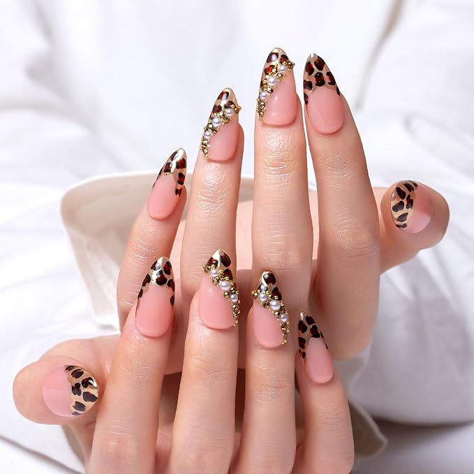 LOVFUL Press on Nails Noir d'Or | Handmade with Full Covered Crystals | Reusable Full Cover Nails | Almond Regular 1.0 in | P003-S
