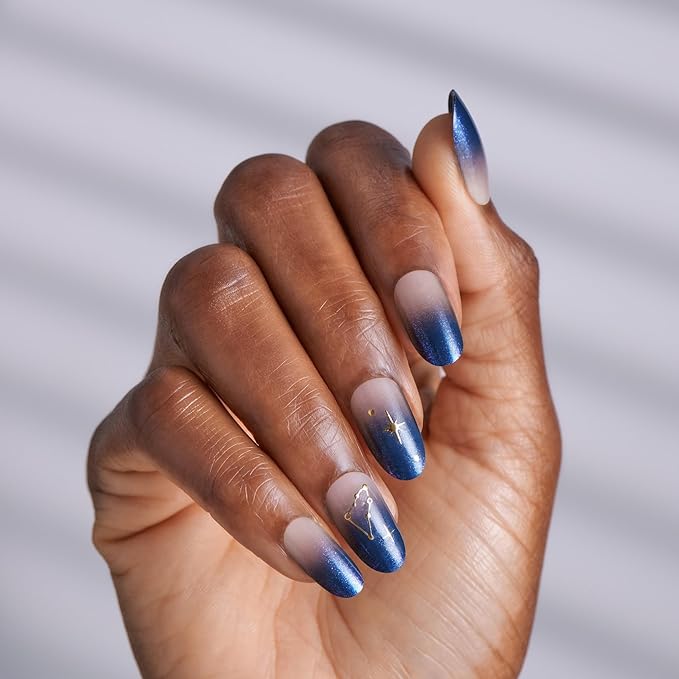 KISS Voguish Fantasy Holiday Press On Nails, ‘Merry Magic’, Navy, Medium Oval, No Damage To Natural Nails, Pink Gel Nail Glue (2g), Mini Nail File, Manicure Stick, & 28 Fake Nails