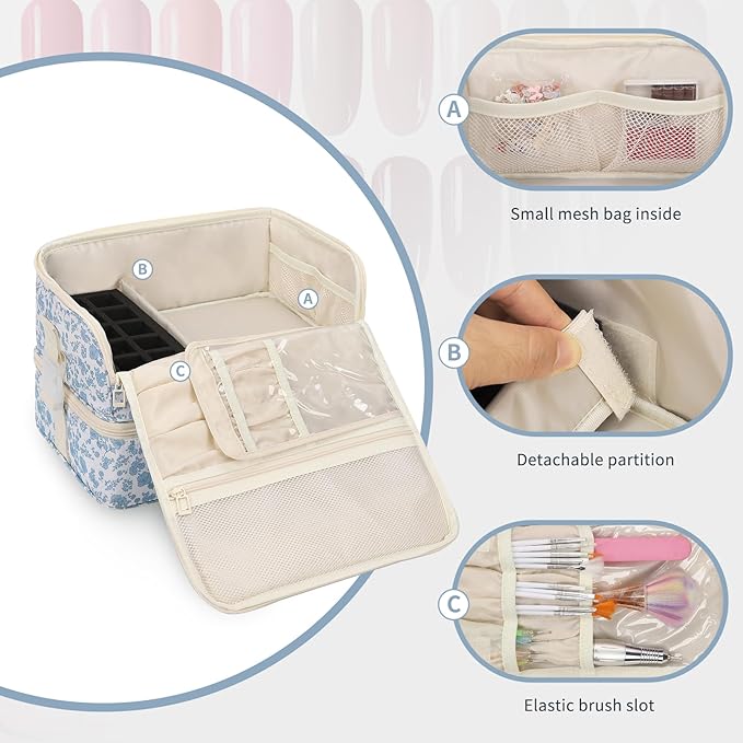 OCHEAL Nail Polish Organizer, Holds Nail Lamp and 45+ Bottles,3 Usage Modes Detachable Nail Storage Bag Travel Nail Tech Case Holds Nail Kit Stuff Manicure Tools -Floral