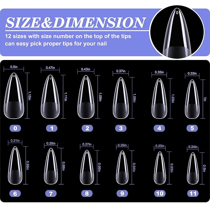 Medium Stiletto Nail Tips, 552Pcs Soft Gel Full Cover Nail Tips for Soak off Nail Extensions, Acrylic Gel Kit False Press on for Salons and DIY Art at Home, 12 Sizes