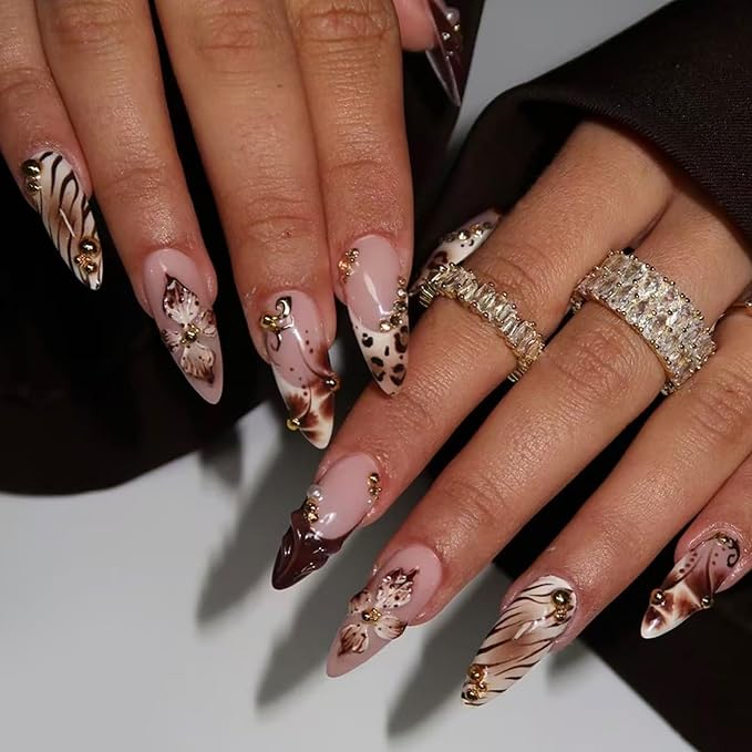 Long Press on Nails Almond MABKJLF French Tip Fake Nails 3D Fall False Nails with Leopard Print Flower Rhinestones Designs Brown Glossy Glue on Nail Autumn Acrylic Nails for Women Girls 24Pcs
