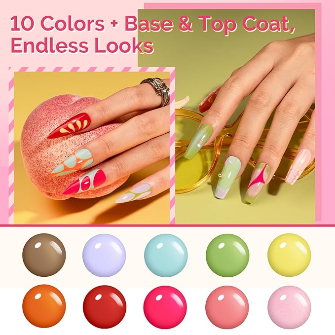 MelodySusie Highly Pigmented Gel Nail Polish Set,10 Dopamine Colors with 2 Top & Base Coat, TPO & HEMA Free Plant-Based Formula, 16.5ml Tilt-and-Stand Bottle, Gift for Nail Art at Home(Hot Pink)