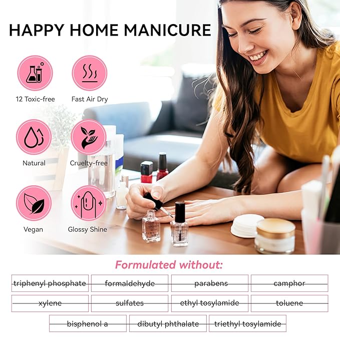 Clear Nail Polish Glossy Top Coat, 2 Pack Quick Air Dry Regular Nail Polishes, High Shine Finish Long-Lasting Color Protection No Chip Vegan Hema-free Non-gel Salon Nail Art Essentials