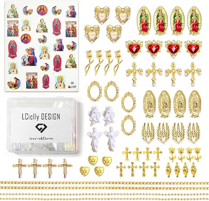 65pcs Virgin Mary Cross Gold Nail Charms 3D Heart Angel Rose Flower Alloy Rhinestones for Acrylic Nail Art Religious San Judas Nail Stickers Chains Gems Jewels Manicure Decoration Supplies DIY