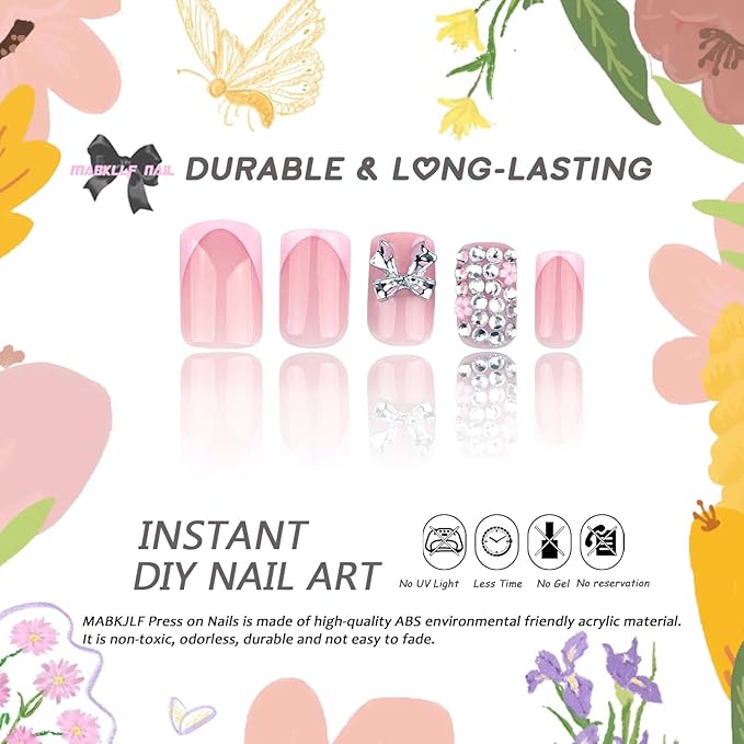 French Tip Press On Nails Short Square Pink Fake Nails False Nails with Designs Rhinestones Gold Bow Charms Flower Glossy Glue On Acrylic Nails 24 Pcs