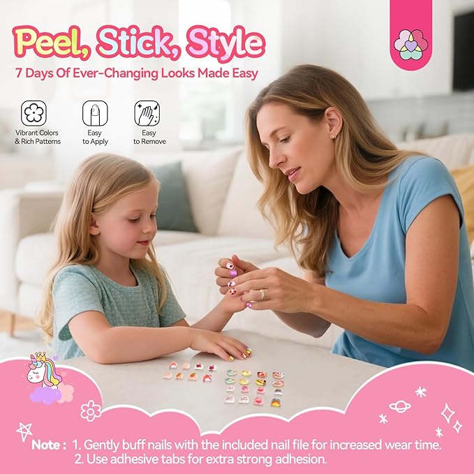 168Pcs 7 Pack SAVILAND Press on Nails for Kids: Funky-bright Fake Nails for Kids 8-12 Pre-Glue Full Cover Sparkly Color Fruit Animal Stick on Nails for Girls Gifts with Nail Adhesive Tabs (Glamkids)