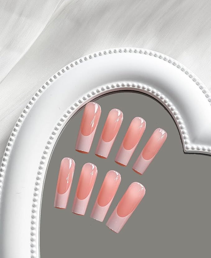 Press on Nails Long Square White French Tip Fake Nails Full Cover False Nails with Designs White Nail Tip Glossy False Nails with Nail Glue Artificial Acrylic Nails for Women Girls 24 Pcs