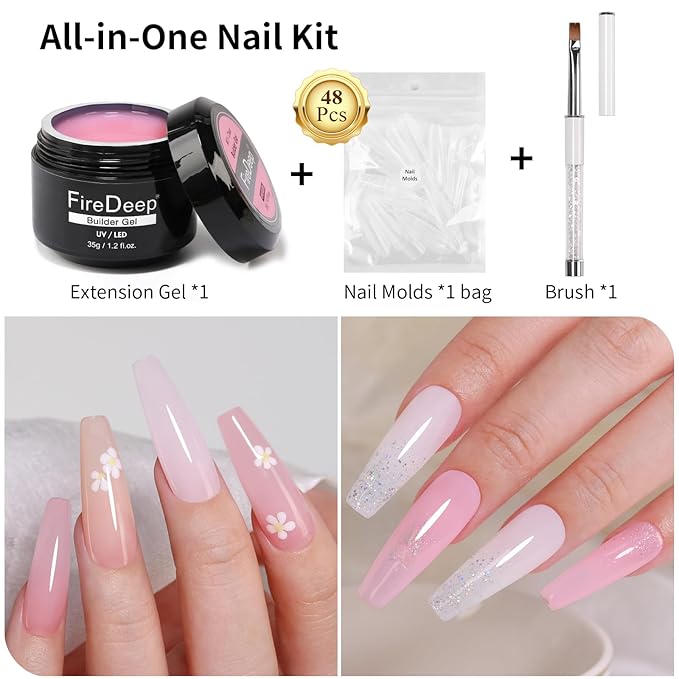 3 in 1 Builder Gel Kit for Nails, 1.23 Oz Light Pink Strengthener and Extender Gel for Long, Strong Nails for Professional Nail Salon Home DIY With Clear Nail Tips Model and Brush