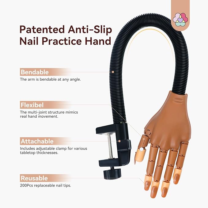 Saviland Advanced Practice Hand for Acrylic Nails: 2025 Upgraded Anti-Slip Nail Practice Hand Flexible Nail Tech Supplies 200Pcs Nail Tips Nail Glue Clipper Manicure Trainng Hand Nail Kit for Beginner