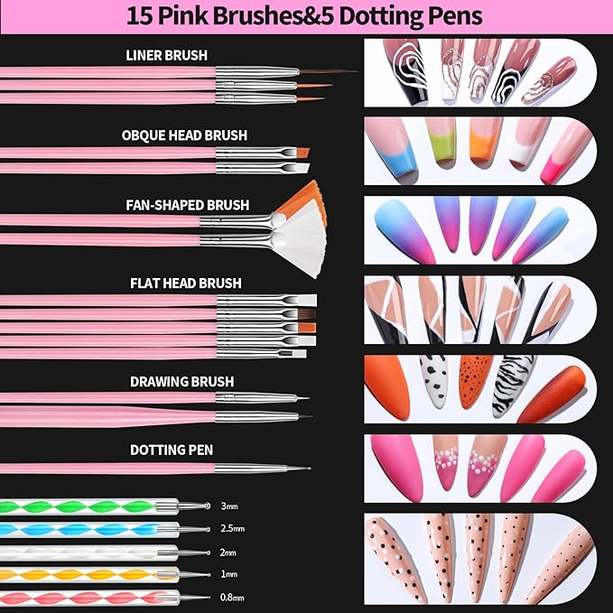 FANDAMEI Nail Art Kit, 54 Pcs Nail Tool Set with 6-Color Nail Polish, 20 PCS Nail Art Brushes, 2 Box False Nail Tips, 6 Jar Chrome Nail Powder, 4 Box Nail Charms, 10 Sheet Nail Stickers for Beginners