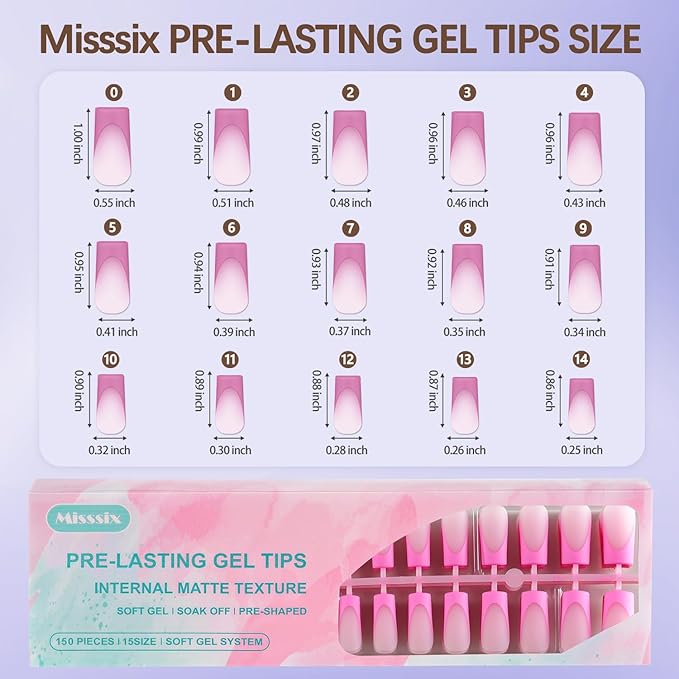 Misssix French Tip Press On Nails, 150Pcs French Gel Nail Tips, Pink Long Square Soft Gel Fake Nails, X-BASIC Tips Starter Kit for Nail Art DIY 15 Sizes