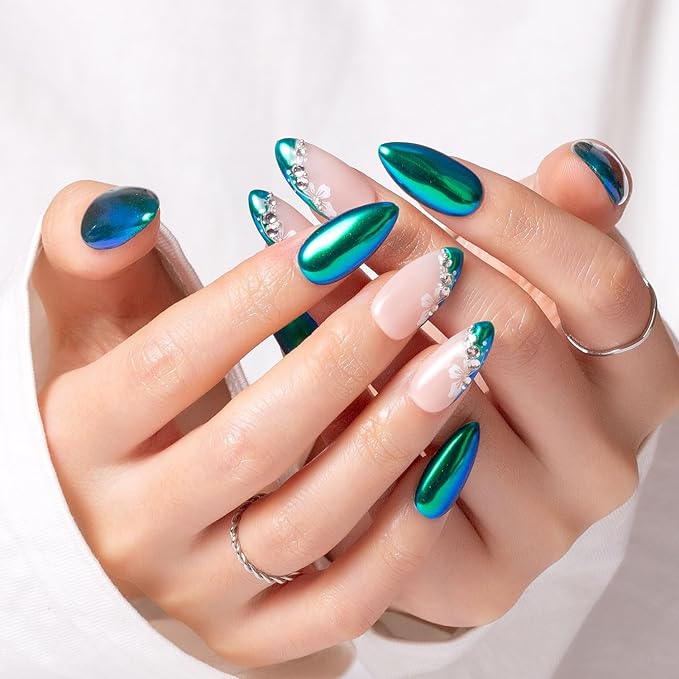 LOVFUL Press on Nails Opulent Allure | Handmade with Full Covered Crystals | Reusable Full Cover Nails | Almond Regular 1.0 in | P008-S