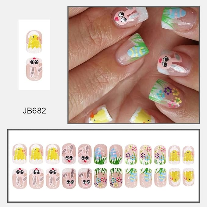 Easter Eggs Hatching Chick Fake Nails Colorful Flower Acrylic Nails Short Square French Tip Easter Press on Nails Cute Bunny False Nails with Design Full Cover Stick on Nails for Women Nail Art