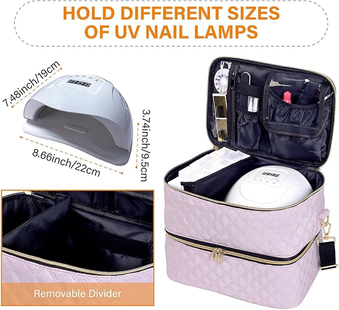 Nail Polish Organizer Case Holds 40 Bottles(15ml/0.5fl.oz) and Nail Lamp, Double Layer Nail Polish Storage with Adjustable Dividers,Portable Carrying Bag for Nail Kit, Manicure Tools Pink