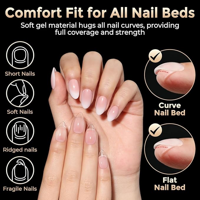 Short Almond Nail Tips: 504pcs Pre-Etched Soft Gel Nail Tips, Tri-Layer Core Short Fake Nails, 12 Sizes Half Matte Full Cover Clear Press on Nails Extension DIY for Flat & Natural Nail Beds