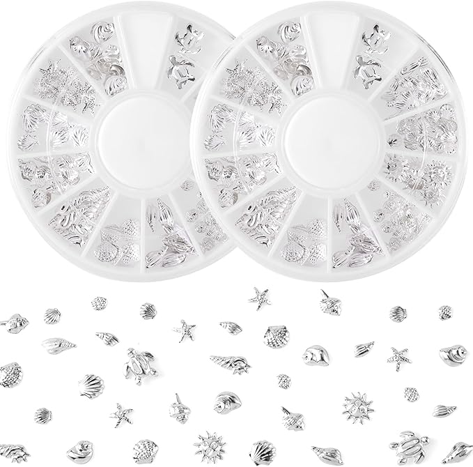 2 Disc Ocean Nail Art Charms, Beach Starfish Sea Seashell Nail Decal, Alloy 3D Gems Jewelry Decoration Supplies for Manicure DIY Embellishments 12 Style- Silver