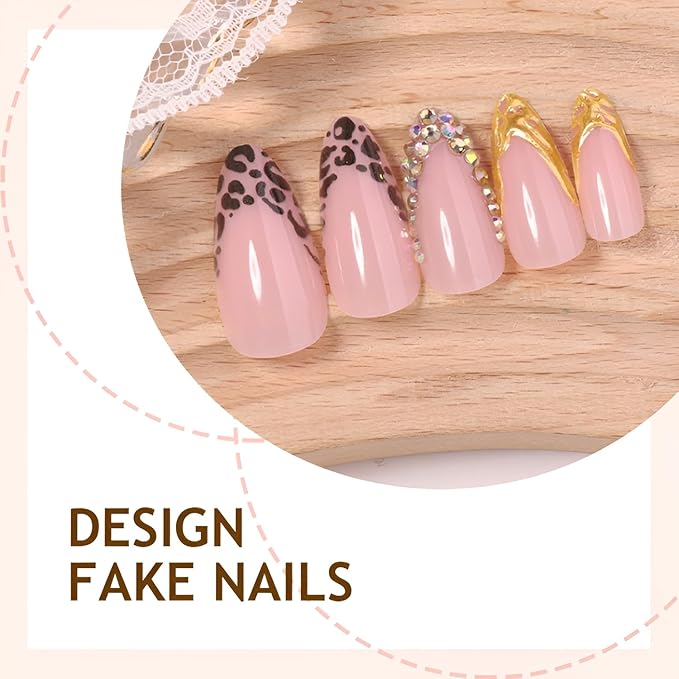 French Tip Press on Nails Medium Almond Fake Nails Leopard Print Nails Press Ons Gold French Tip False Nails Glossy Stick on Nail Rhinestones Glue on Nail for Women Decorations Set 24Pcs