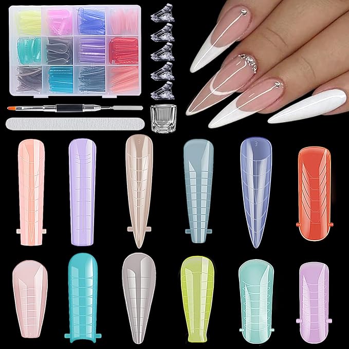 288pcs Polygel Nail Forms Kit, 12 Sizes Reusable Dual Forms For Builder Gel Ballerina Stiletto Square Nail Extension Molds With Tools for Home Manicure, Professional Nail Salon Supplies